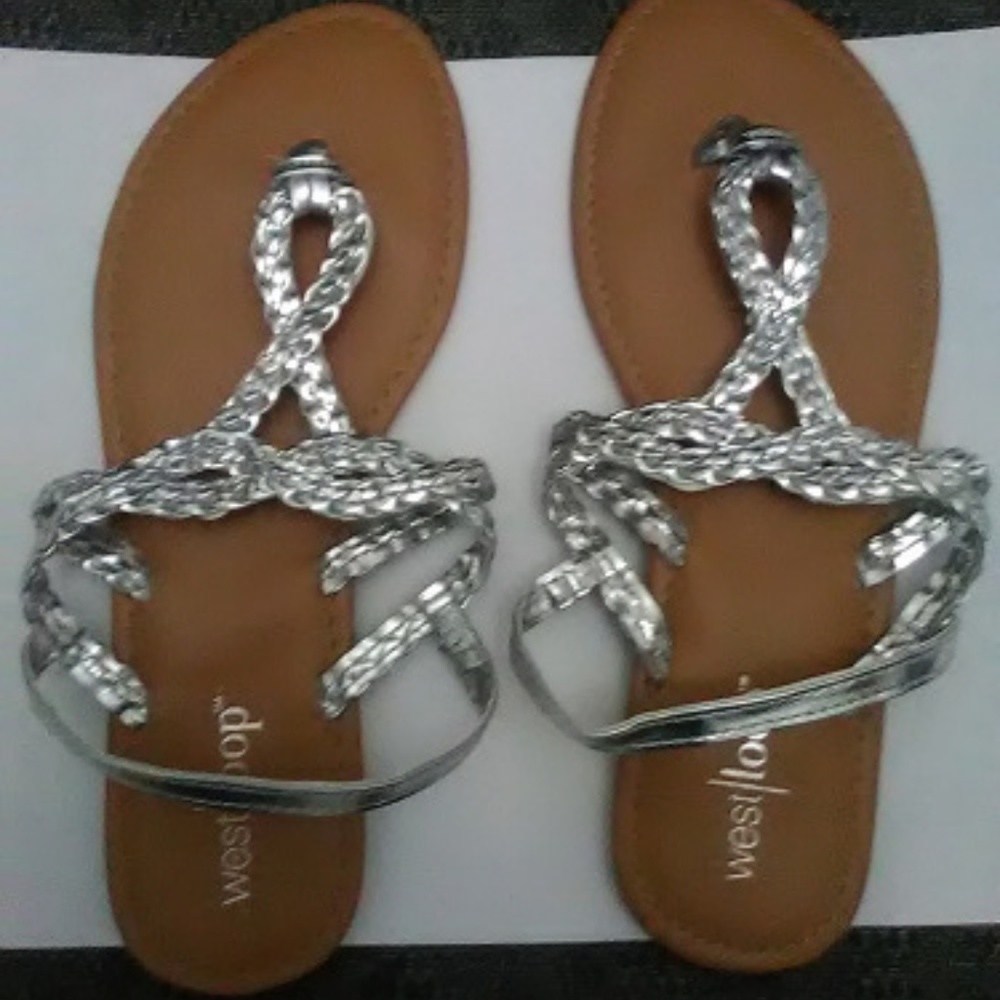 West Loop womens' tan/silver braided sandals SZ 6